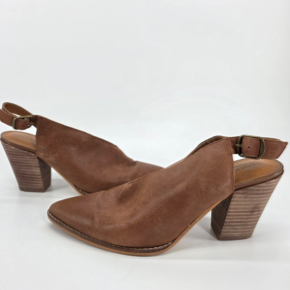 Lucky Brand Aroyli Slingback Brown Leather Shootie Boots Wood Stacked Heels 8.5
